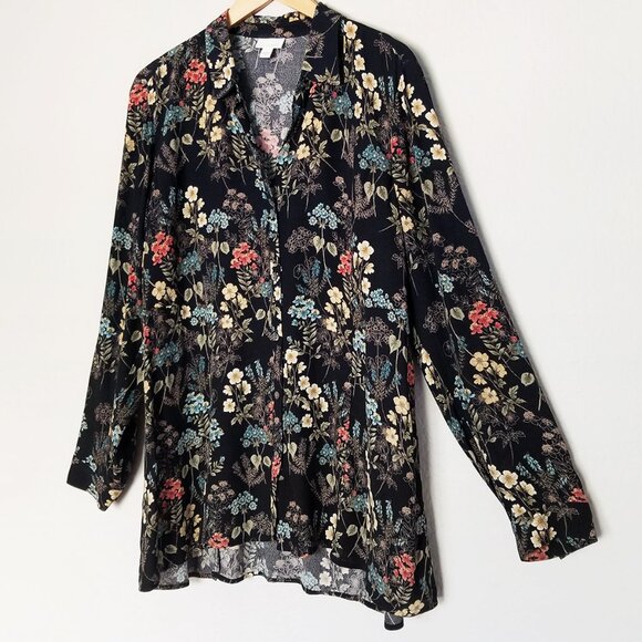 J. Jill Black Botanical Floral Button Front Shirt Blouse Tunic Long Sleeves M - Picture 2 of 15